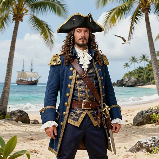 Photograph of a bearded pirate with long curly hair, wearing a navy blue coat with gold trim, standing on a tropical beach with palm trees and