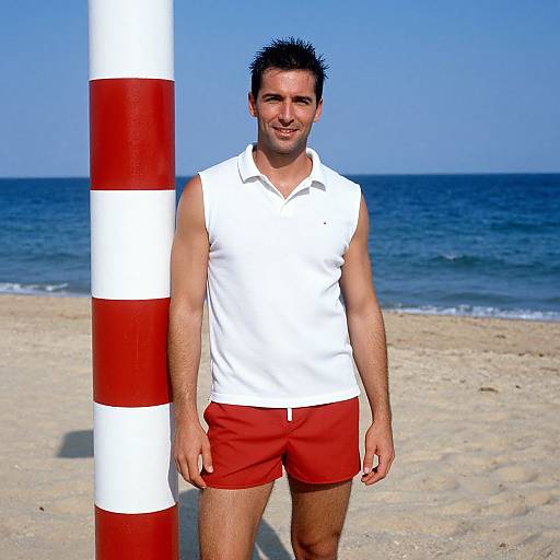 Photograph of a muscular man with short black hair, wearing a white sleeveless shirt and red shorts, standing on a sandy beach beside a red-and