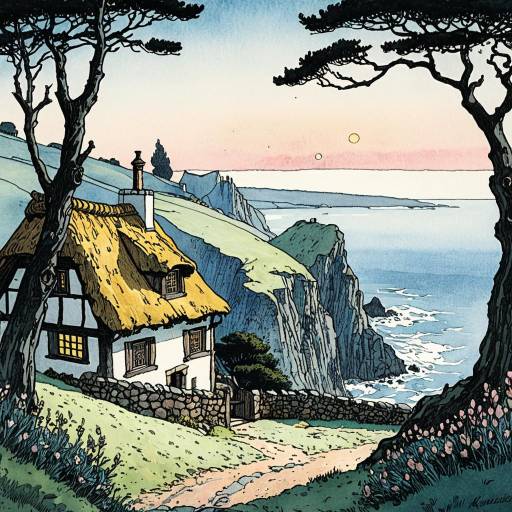 Medieval Cottage by Cliffside Sea at Twilight