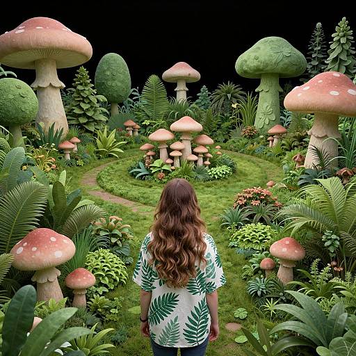 Photograph of a woman with long brown hair, wearing a green leaf-patterned shirt, standing in a lush, fantastical mushroom forest.