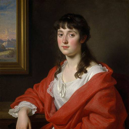 Photorealistic oil painting of a young Caucasian woman with fair skin, dark brown hair, and red shawl over white lace dress, seated against dark
