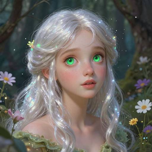 Digital artwork of a young, ethereal fairy with silver hair, glowing green eyes, and surrounded by sparkling lights and colorful flowers in a mystical forest.