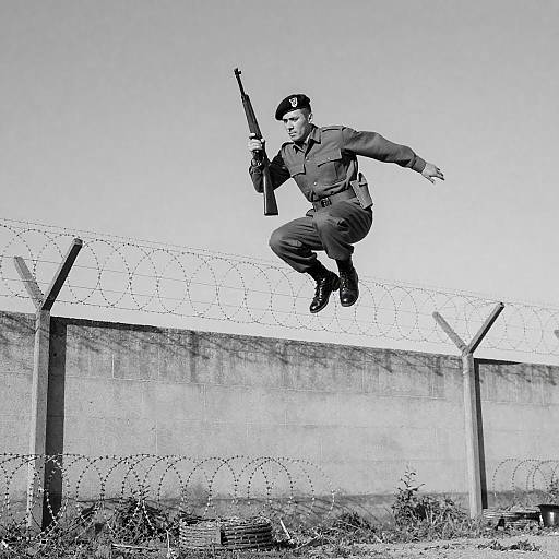 Black-and-White Soldier Leaping Over Barbed Wire