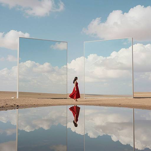 Photograph: Woman in flowing red dress walks between two white, empty rectangular frames, reflected in a still desert puddle, under a bright blue sky