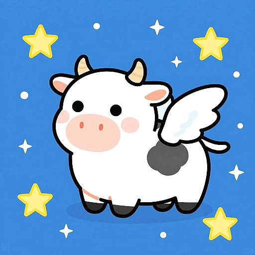 Whimsical Winged Cow Under Starry Sky