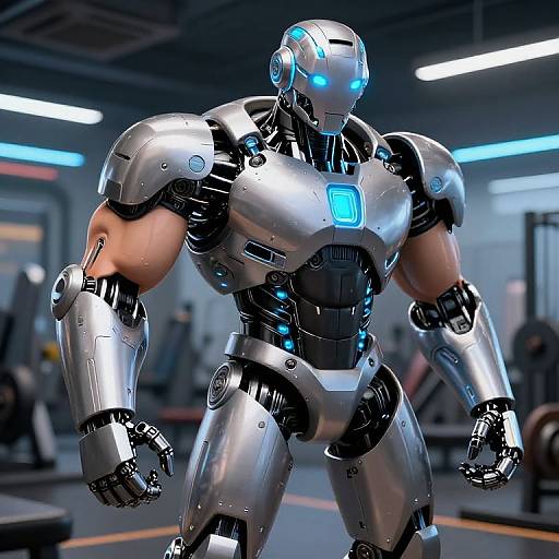 Photorealistic CGI of a muscular, silver and black robotic warrior with glowing blue eyes and chest emblem, standing in a futuristic, dimly-lit