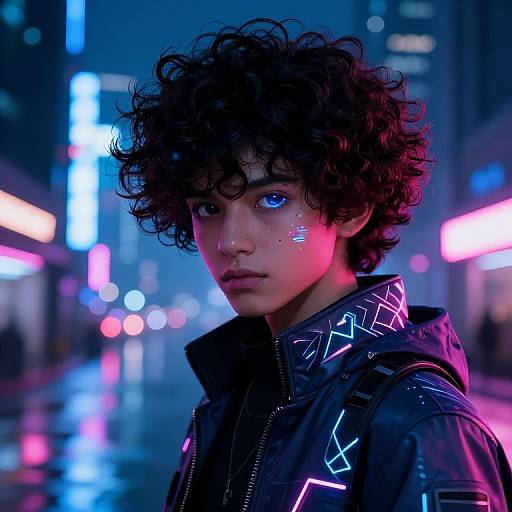 Cyberpunk Anime Boy with Curly Hair