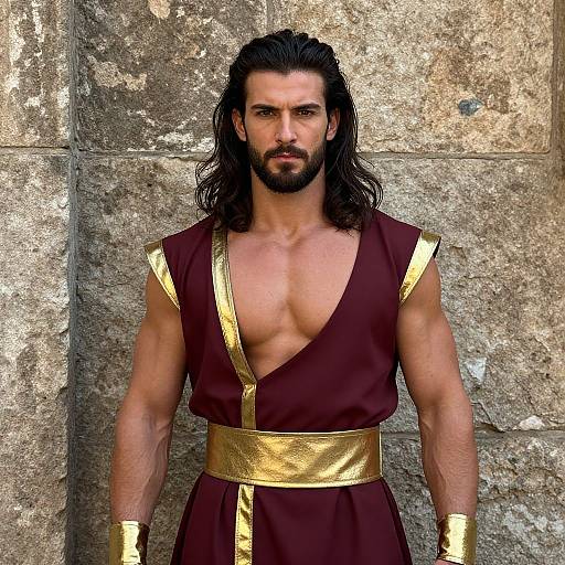 Muscular man with long black hair, beard, and intense gaze, wearing a deep burgundy toga with gold accents, standing against a textured stone