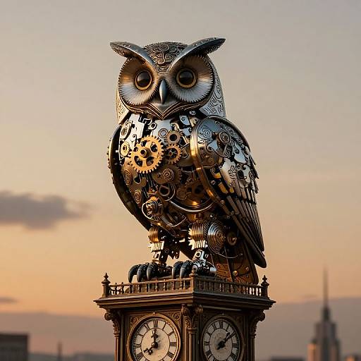 Photograph of a metallic owl statue with gears and clockwork details, standing on a clock tower, against a sunset sky.