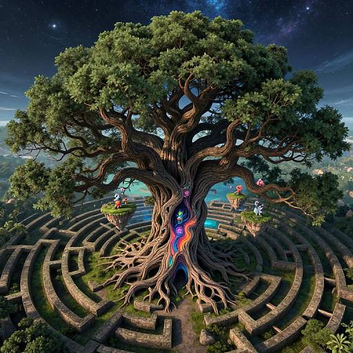 Digital artwork of a massive, enchanted tree with glowing blue roots, surrounded by circular stone pathways under a starry night sky.