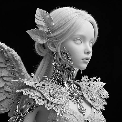 Monochromatic digital CGI of an angelic figure with intricate feathered wings, leaf hair accessory, and detailed ornate armor on a black background.