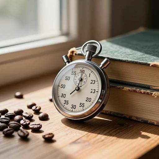 Photograph of a silver pocket watch with black numerals, resting on a wooden table beside coffee beans and old books, sunlight streaming from a window.