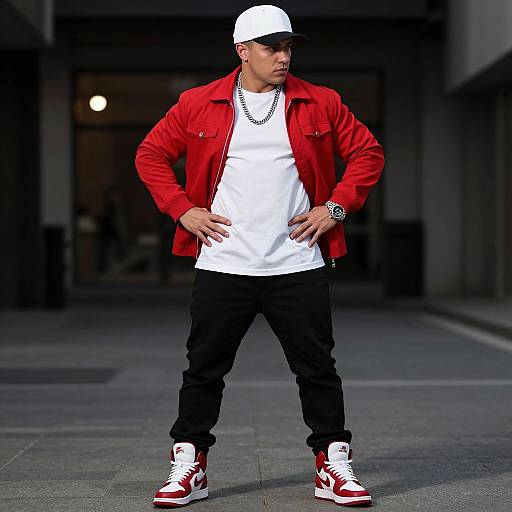 Photograph of a confident man in a white cap, red jacket, white shirt, black pants, and red-white sneakers, standing on a city street