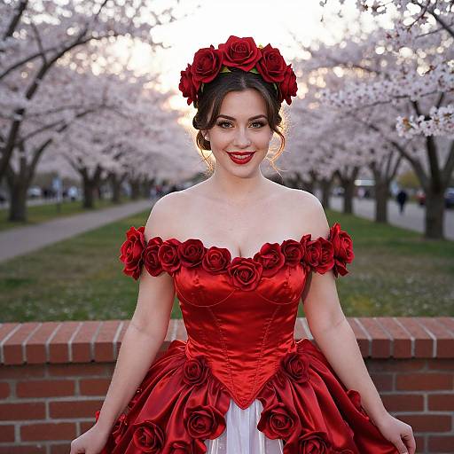 Photograph of a smiling woman with fair skin, dark hair in an updo adorned with red roses, wearing a red rose off-shoulder ball