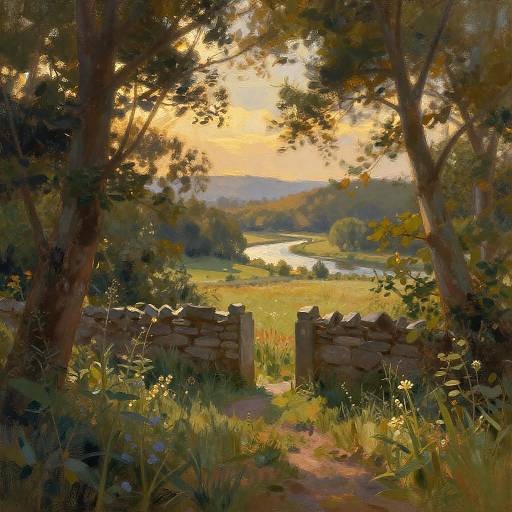 Impressionist Sunlit Forest River View