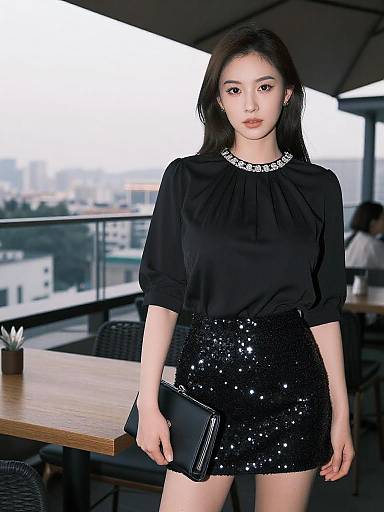 Photograph of an Asian woman with long black hair, wearing a black blouse with a jeweled neckline and sequin skirt, holding a black clutch,