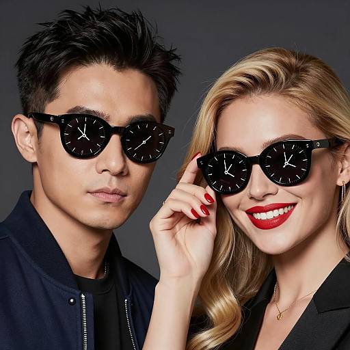 Stylish Couple with Clock Face Sunglasses