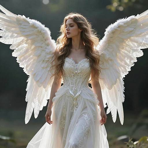 Photograph of a beautiful, ethereal angel with long, wavy brown hair, wearing a white, lace-trimmed gown and large, radiant