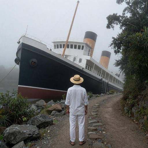 Man Facing Tilted Steamship in Fog