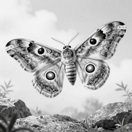 Intricate Moth Over Rocky Landscape