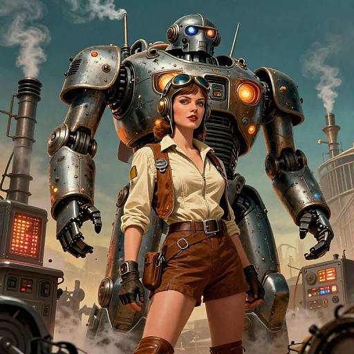 Digital art: Steampunk woman with brown shorts, leather gloves, and goggles stands confidently beside a large, metallic robot with glowing lights. Industrial background
