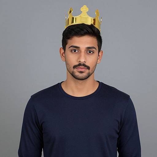 Photograph of a young, bearded South Asian man with short black hair, wearing a black long-sleeve shirt and a golden crown, against