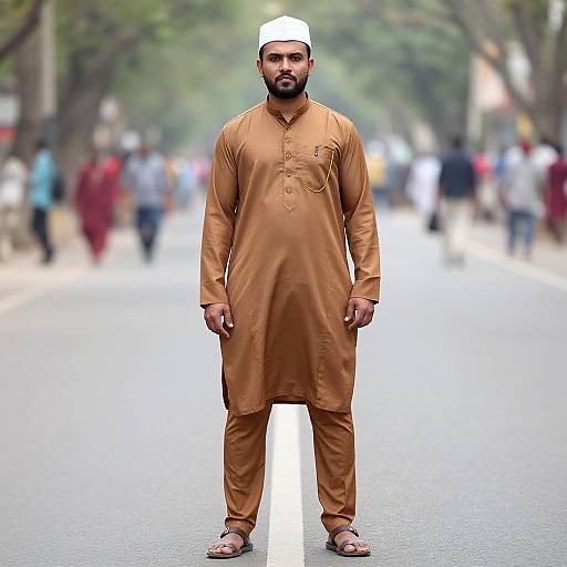 Photograph of a bearded South Asian man in a brown traditional kurta and white cap, standing on a blurred city street.