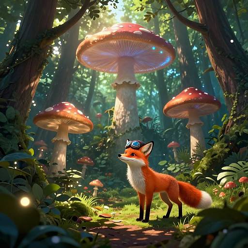 Digital artwork of a cute, red fox with goggles standing in a sunlit forest, surrounded by large, red-capped mushrooms.