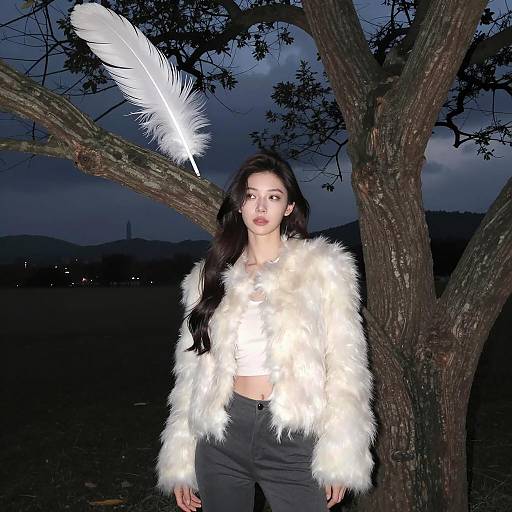 Woman in White Fur Coat by Tree at Night
