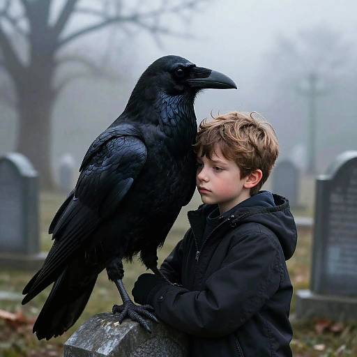 Obsidian Raven Embracing Boy