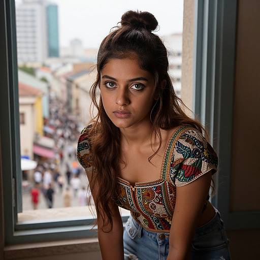 Photograph of a young woman with dark hair in a bun, wearing a colorful embroidered top and blue jeans, leaning on a window, urban cityscape