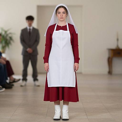 Photograph of a young woman in a red dress, white apron, and white headdress, standing in a blurred indoor setting with a man in
