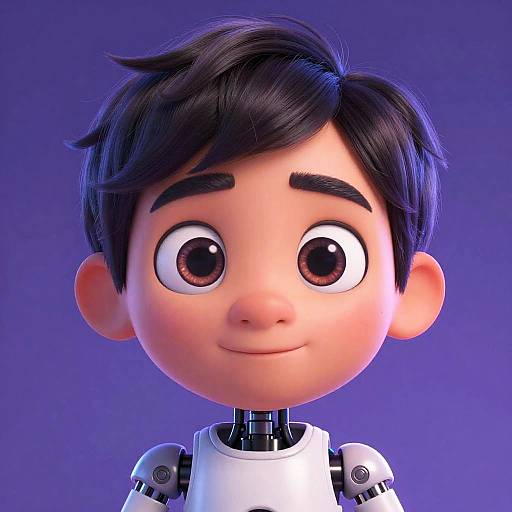 CGI cartoon-style boy with large brown eyes, black hair, and a robotic torso against a blue gradient background. Smooth textures, cheerful expression.