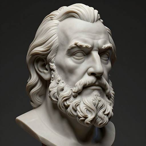Photorealistic CGI of a detailed, white marble bust of an elderly man with a full beard and wavy hair, against a dark gradient background.