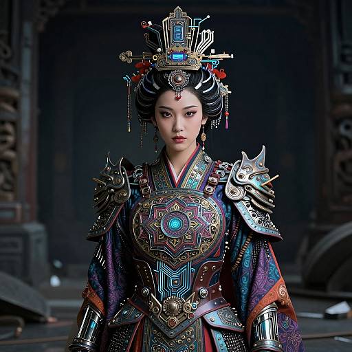 Photorealistic digital artwork of an East Asian woman in elaborate, futuristic traditional armor with intricate metallic and colorful patterns, set against a dimly lit,