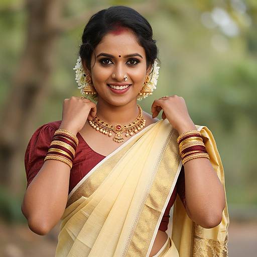 Photograph of a smiling Indian woman with dark hair, wearing a gold saree, red blouse, gold jewelry, and white floral earrings, standing outdoors