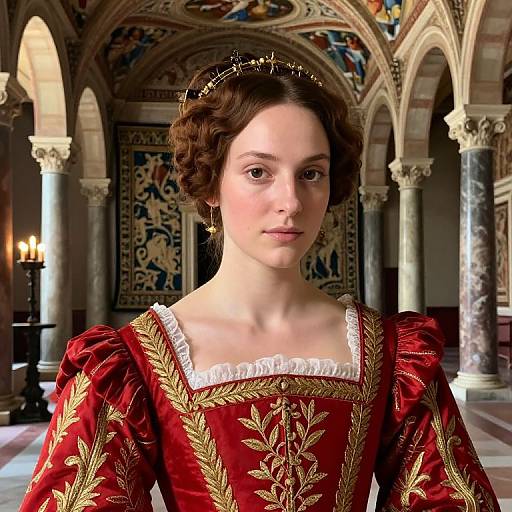 Photorealistic digital painting of a young woman in a red, gold-embroidered Renaissance dress, standing in an ornate, medieval-style hall