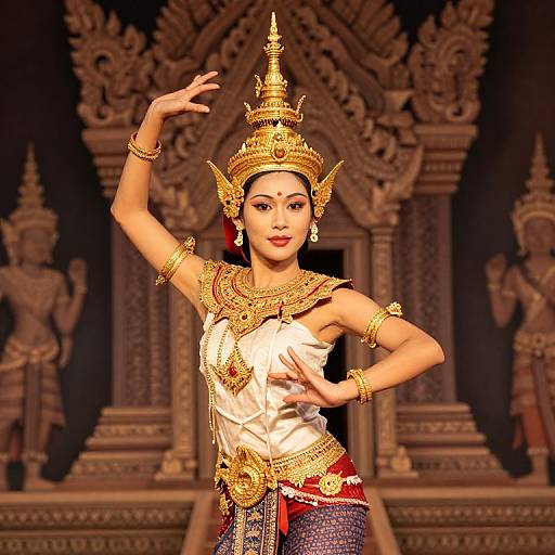 Photograph of an elegant Thai dancer in gold and white traditional attire, ornate headpiece, and jewelry, posing in a detailed, intricately carved
