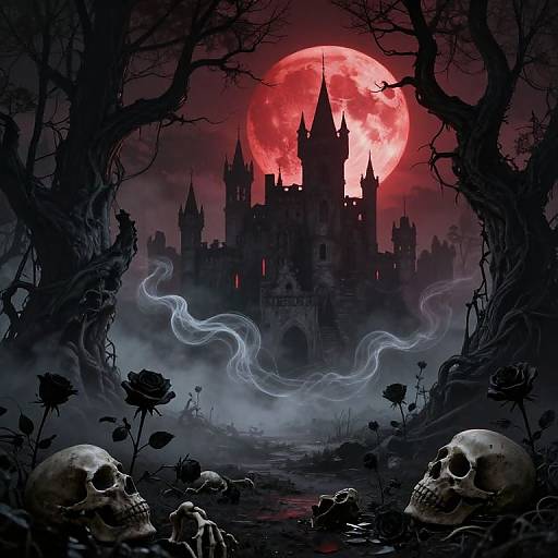 Gothic castle silhouette under a red full moon, surrounded by eerie mist, dark trees, and skulls with roses in the foreground.