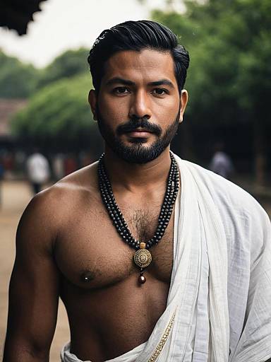 Man Wearing Traditional Dhoti with Necklace Outdoors