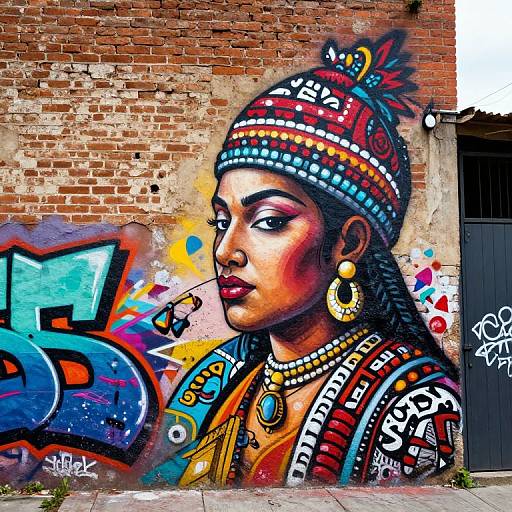 Vibrant graffiti mural of a Native American woman with colorful headdress, large earrings, and detailed traditional attire on a brick wall.