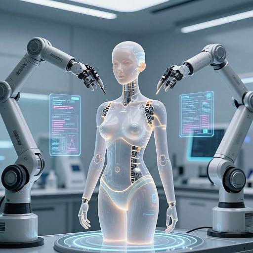 Digital rendering of a glowing, nude, robotic woman with cybernetic arms and screens displaying data in a futuristic laboratory.
