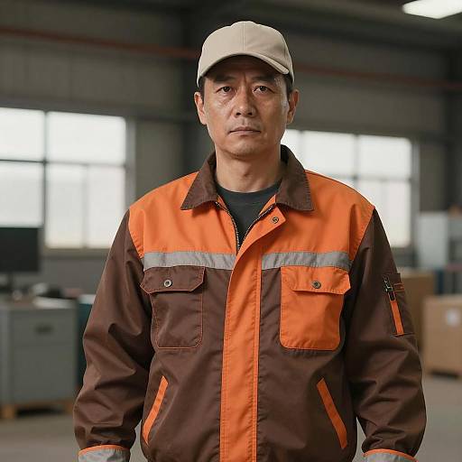 Man in Work Jacket Standing in Warehouse