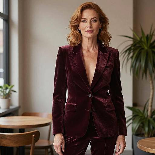 Photograph of a confident, middle-aged woman with wavy auburn hair, wearing a deep purple velvet blazer, standing in a modern,
