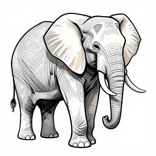 Detailed black and white line drawing of a baby elephant with shaded textures, large ears, and visible tusks, set against a plain white background.