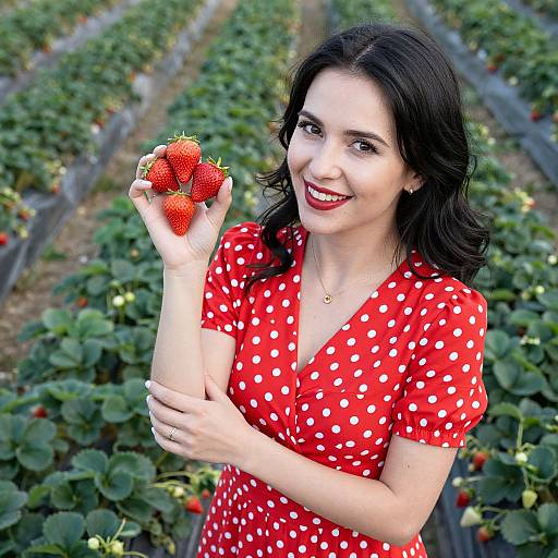 Photograph of a smiling woman with dark hair, wearing a red polka dot dress, holding ripe strawberries in a strawberry field.