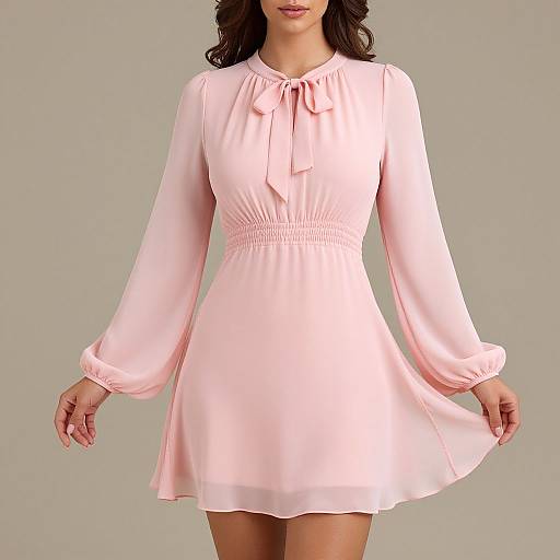 Photograph of a woman with wavy dark hair wearing a long-sleeved, pink, knee-length dress with a bow at the neckline, standing