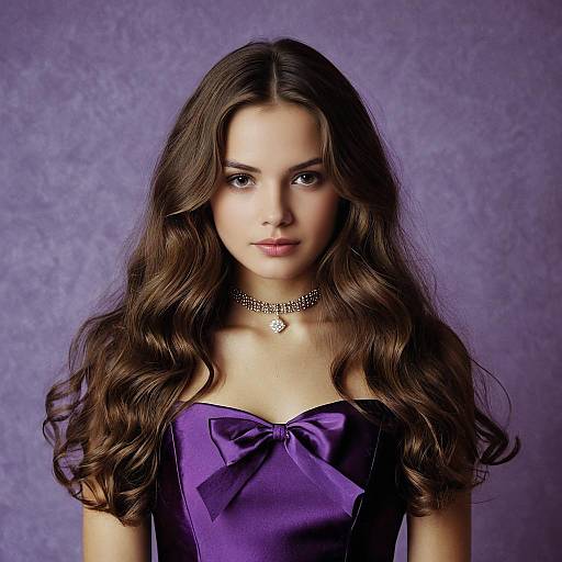 Young Woman in Purple Dress with Wavy Hair