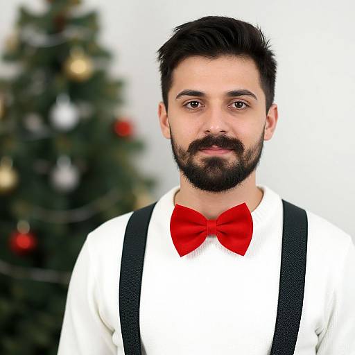 Photograph of a bearded man with dark hair, wearing a white shirt, red bow tie, black suspenders, and a blurred Christmas tree in