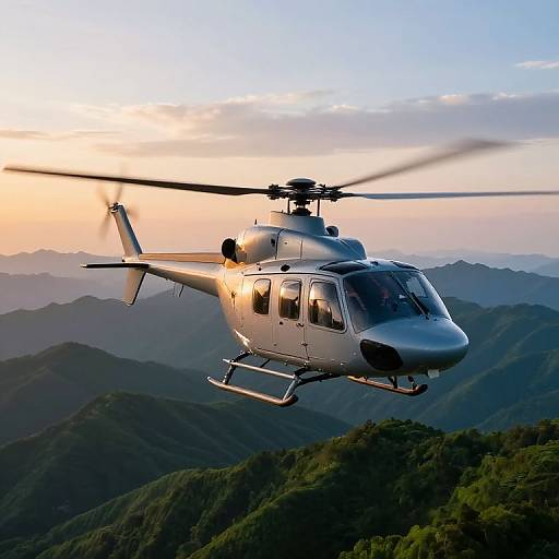 Helicopter Over Lush Mountains at Sunrise
